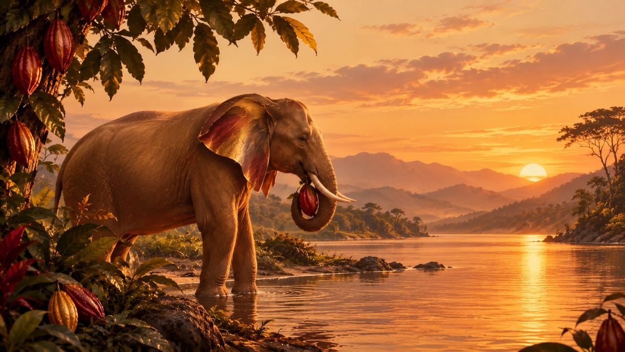 An elephant holding a cacao pod in its trunk stands at the edge of a river beneath cacao trees, with misty mountains and the setting sun glowing orange in the distance.